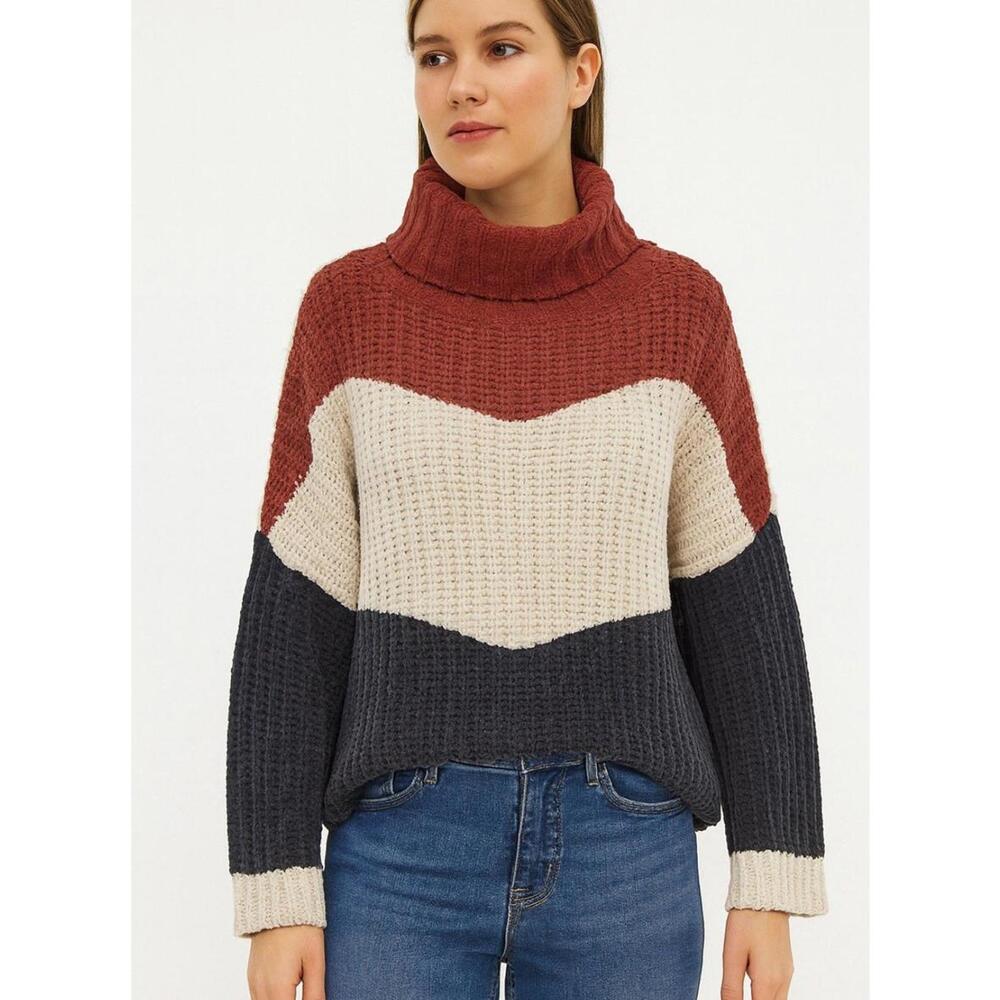 POL Cozy Oversized Sweater Sz Small Soft Cabincore Gray Cream Rust Color-block
